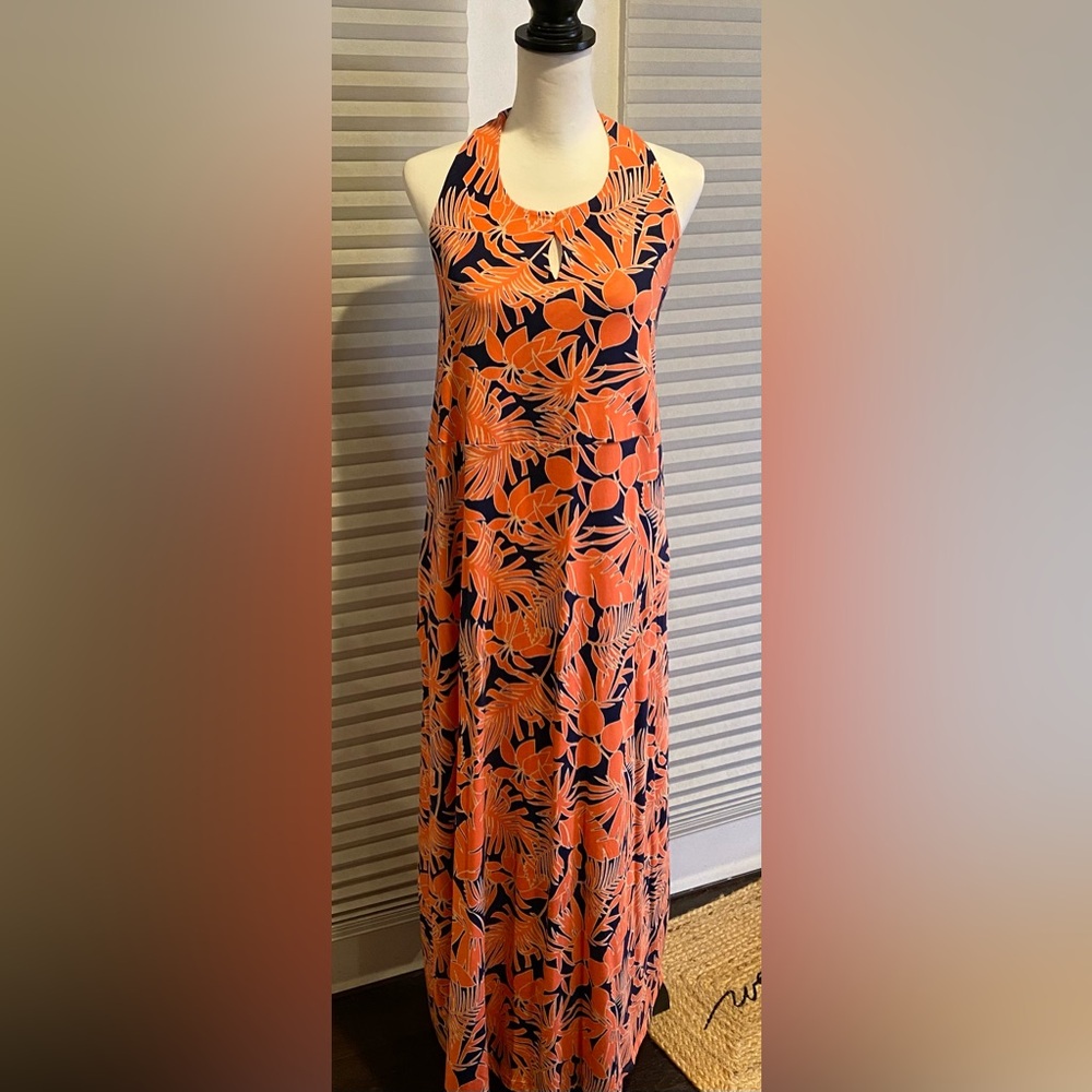 NWOT Lands' End Vibrant Orange and Navy Maxi Halter Dress